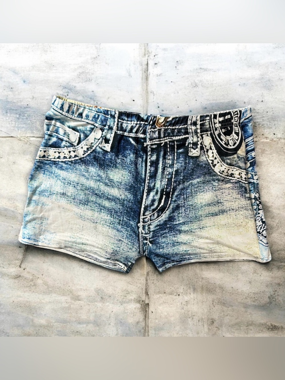 Rock Revival Style Y2K Distressed Faux Denim Skull & Wings Knit Shorts XXL